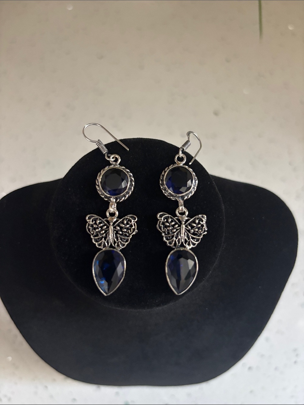 Silver Butterfly Drop Earrings with Deep Blue Tanzanite Gemstones